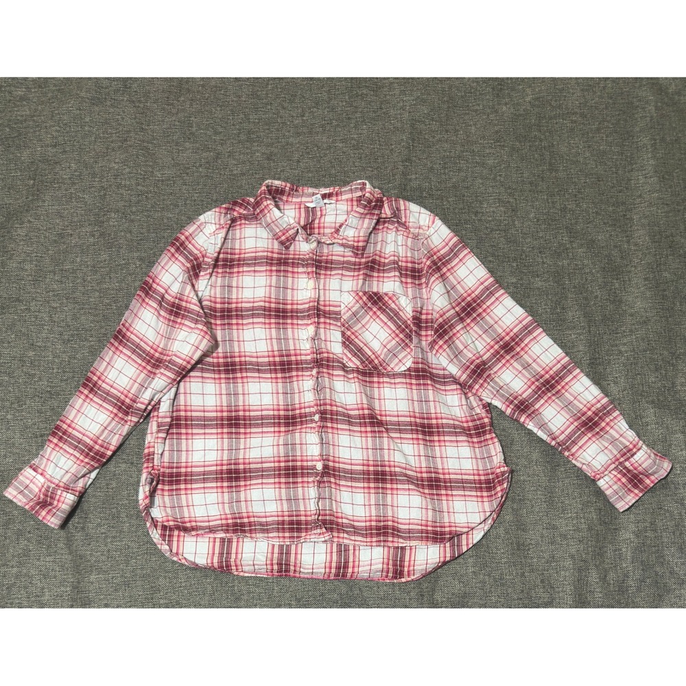 Time and Tru Womens XL Plaid Button Down Shirt Pink White Long Sleeve Cotton